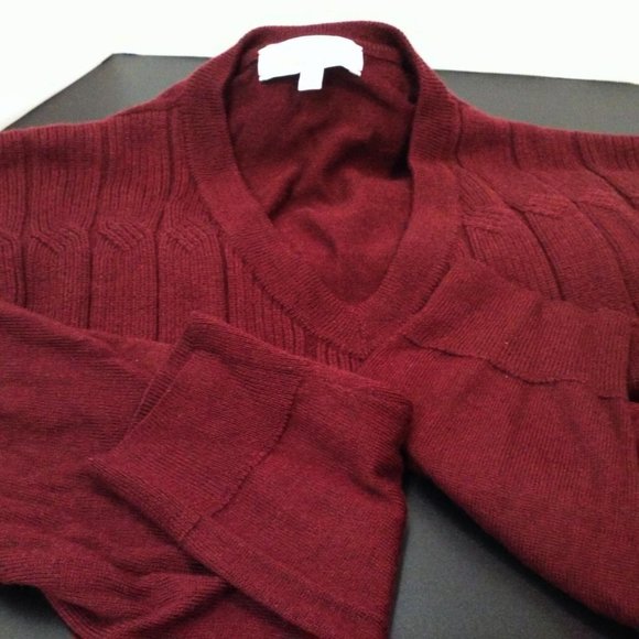 Turnbury Merino Wool Ribbed Cable Knit Sweater V-Neck LS Unisex Mens-XLT Wine - Picture 7 of 11